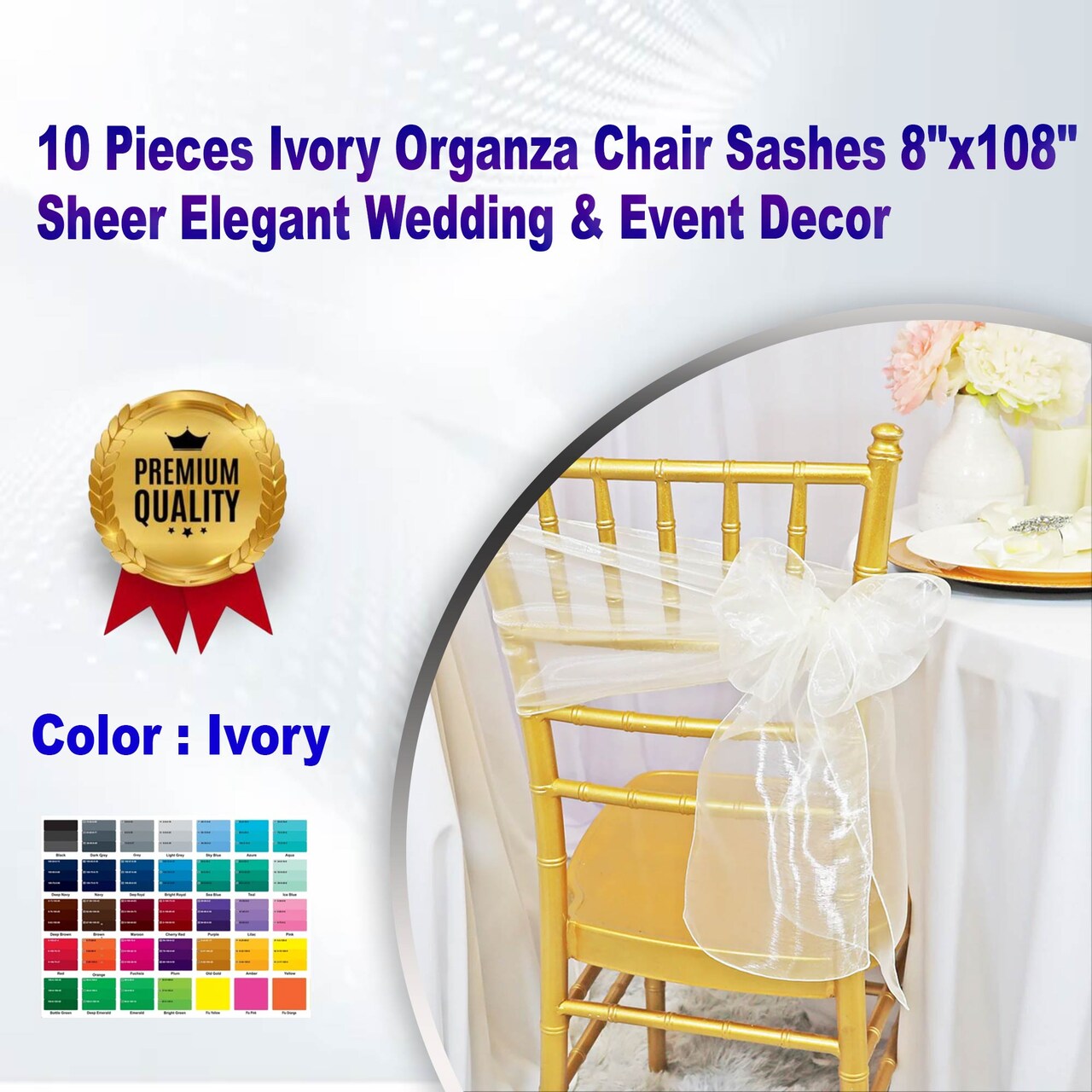10 Pieces Ivory Organza Chair Sashes 8"x108" Sheer Elegant Wedding & Event Decor